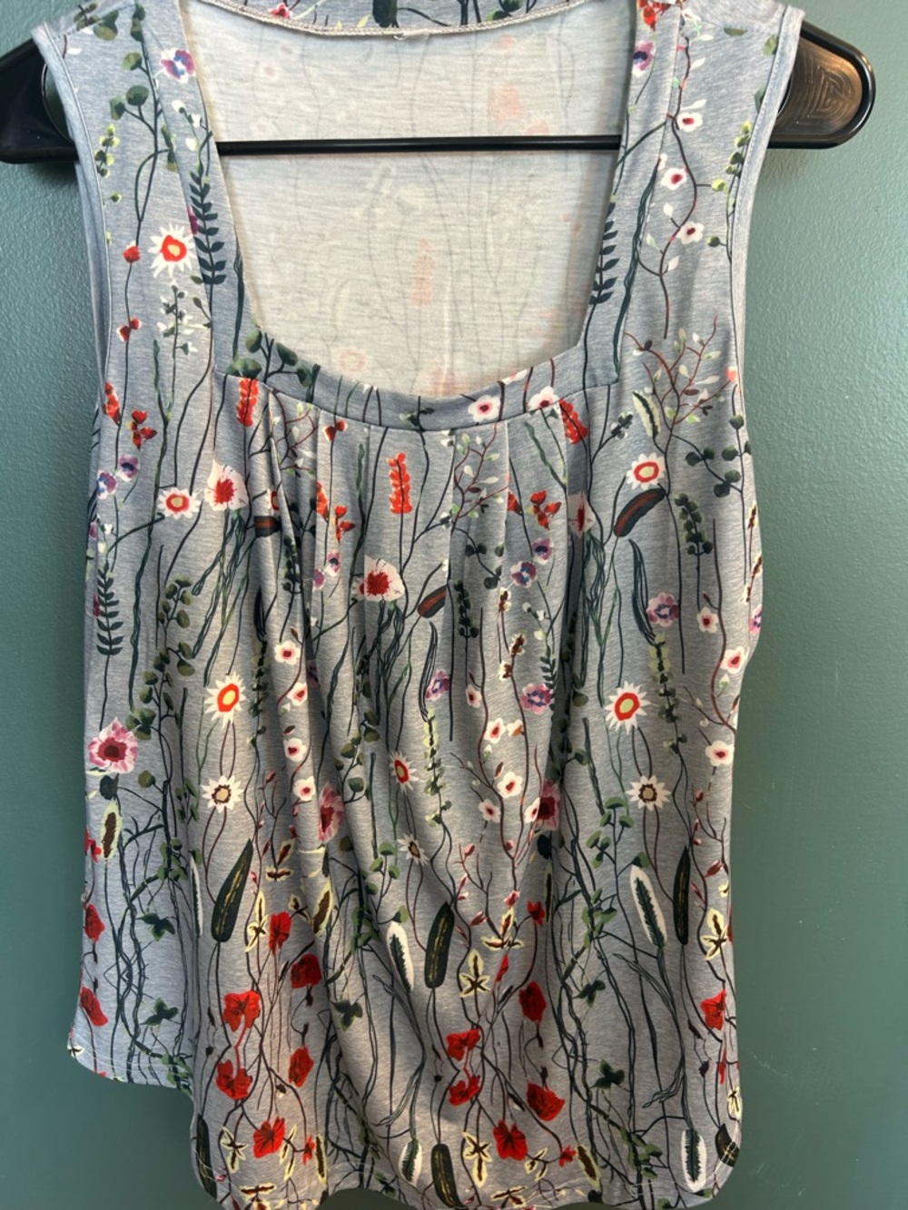 Floral Scoop Neck Sleeveless Top - Grey with Red & Green Floral Print